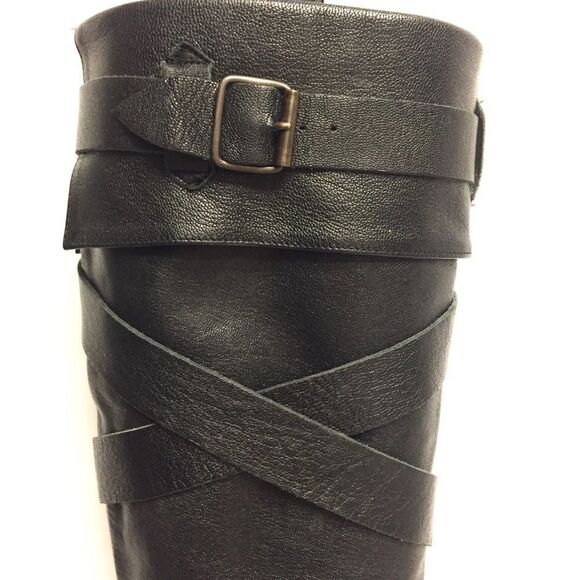 Browns Knee High Leather Boots Heel Straps Black - Picture 2 of 8